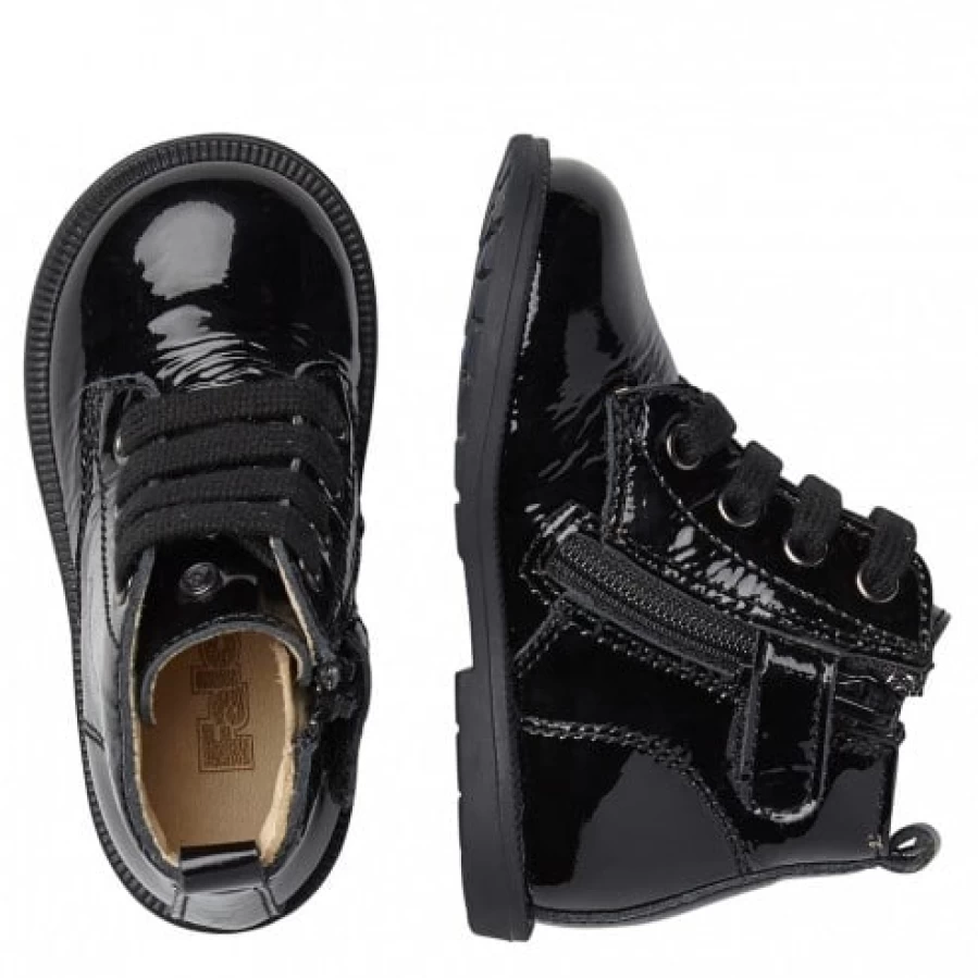 FALCOTTO Robin Black Patent Leather Ankle Boots with Laces and Zip for Men/Women