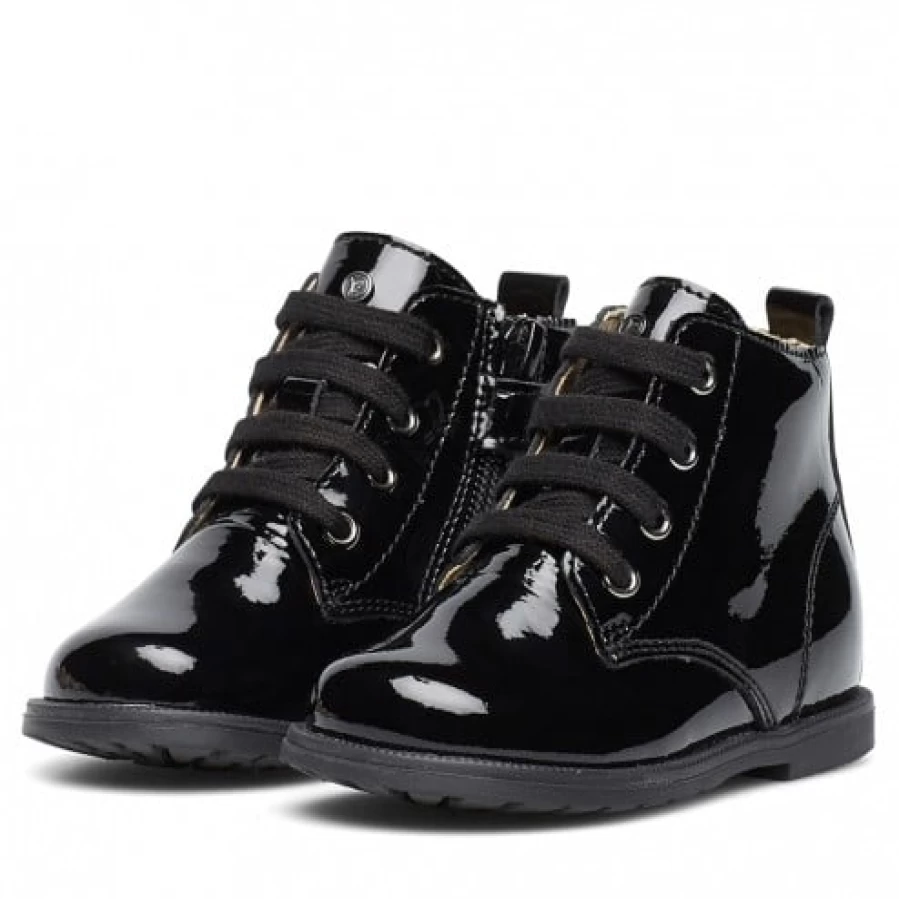 FALCOTTO Robin Black Patent Leather Ankle Boots with Laces and Zip for Men/Women