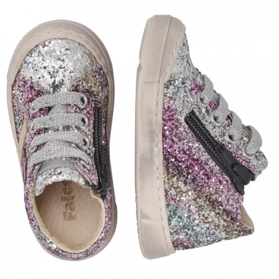 FALCOTTO Moosy Zip 2 Glitter Leather Sneakers for Kids - Silver & Fuchsia Waterproof Lightweight Shoes