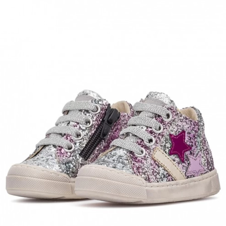 FALCOTTO Moosy Zip 2 Glitter Leather Sneakers for Kids - Silver & Fuchsia Waterproof Lightweight Shoes