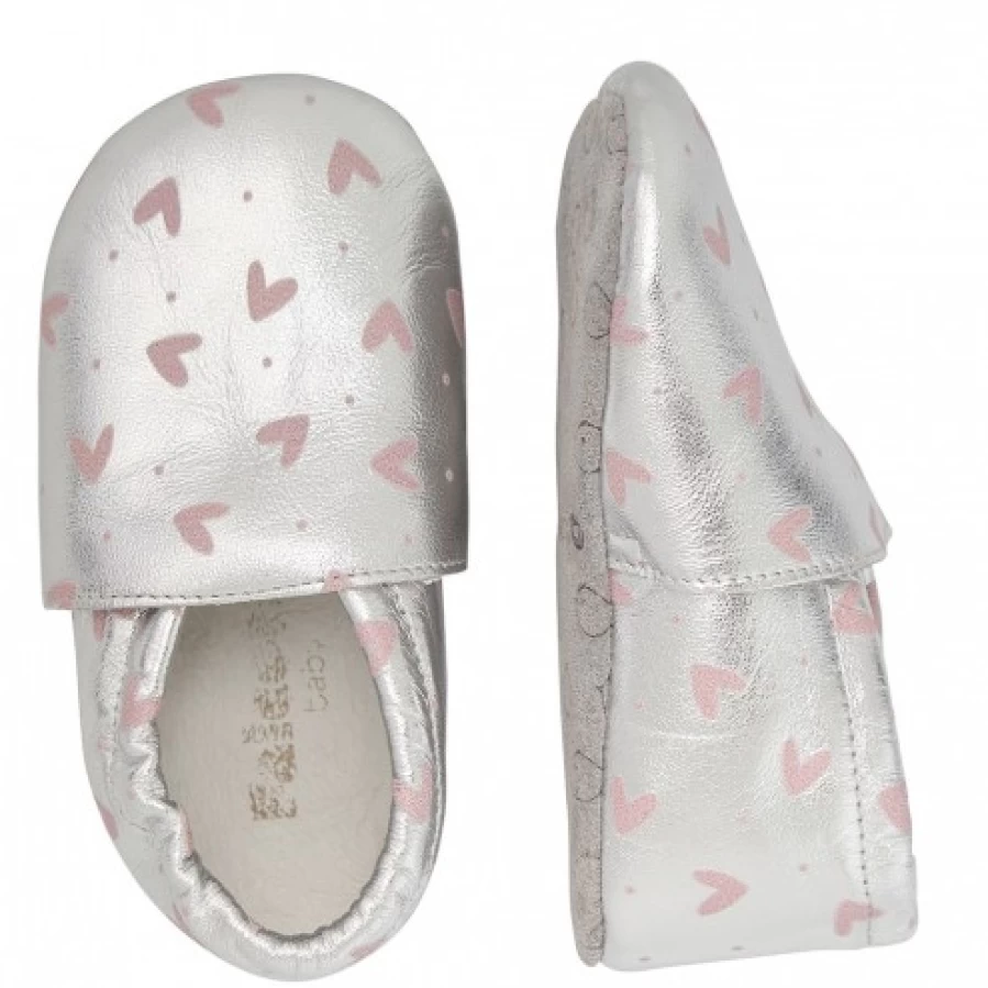FALCOTTO Bumbly Metallic Leather Baby Crib Shoes - Shiny Silver First Walkers for Infants