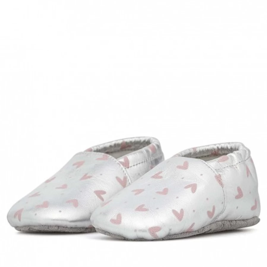 FALCOTTO Bumbly Metallic Leather Baby Crib Shoes - Shiny Silver First Walkers for Infants