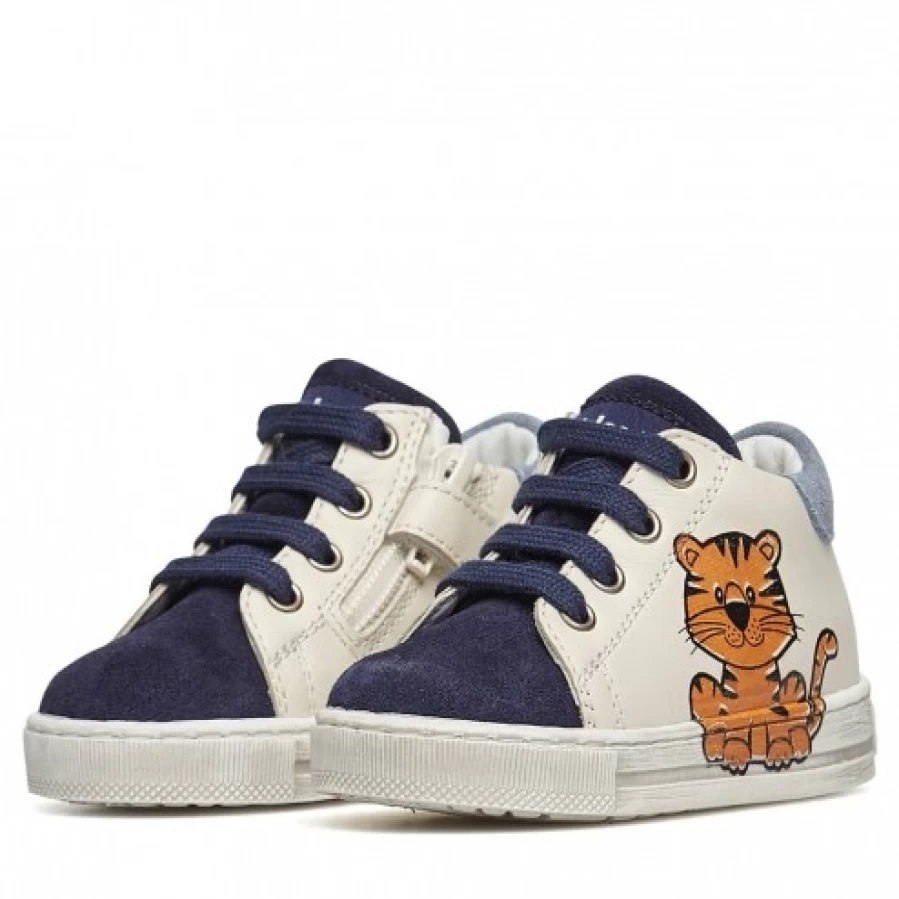 FALCOTTO Filisi Leather and Suede Sneakers for Men/Women - Navy and Milk Color Zip-Up Casual Shoes