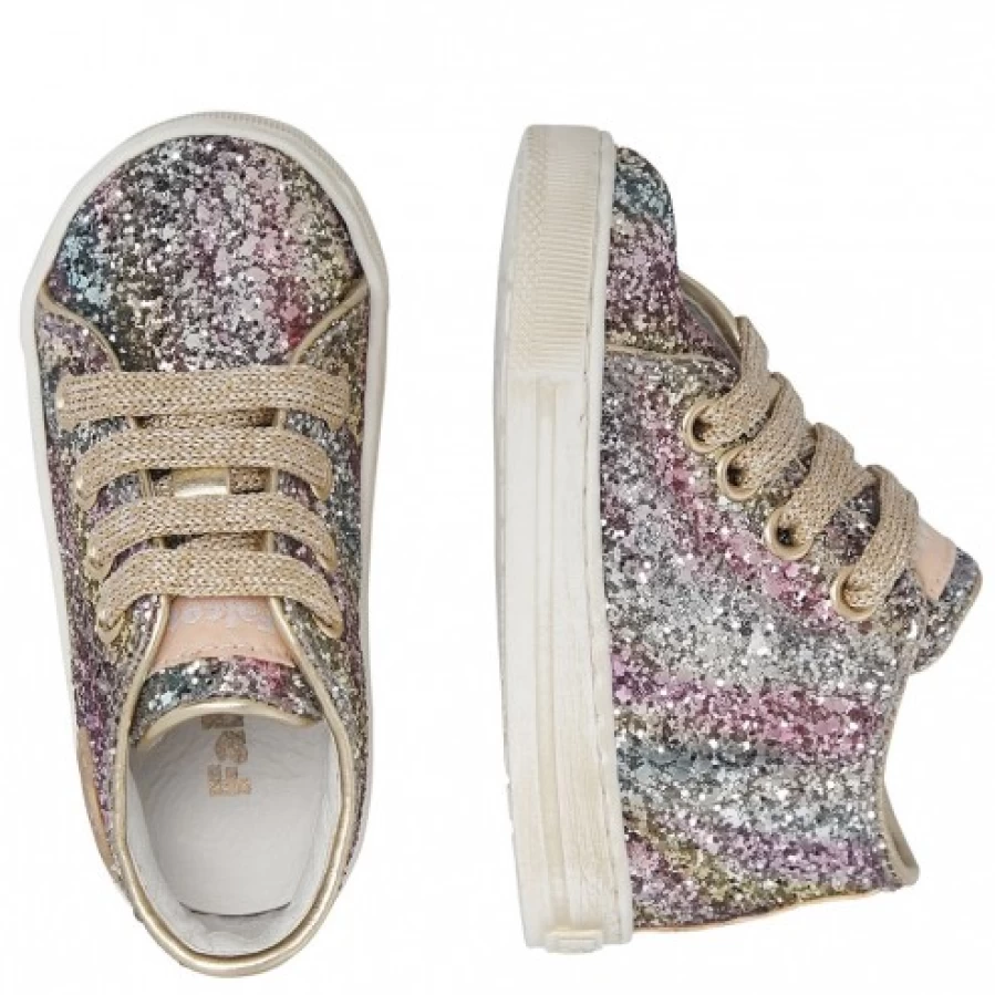 FALCOTTO Platinum-Fuchsia Glitter Leather Sneakers for Kids - Magic Collection