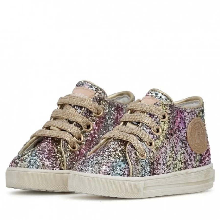 FALCOTTO Platinum-Fuchsia Glitter Leather Sneakers for Kids - Magic Collection