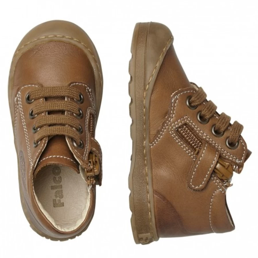 FALCOTTO Labloom Brown Leather Zip Sneakers for Kids - Comfortable & Stylish