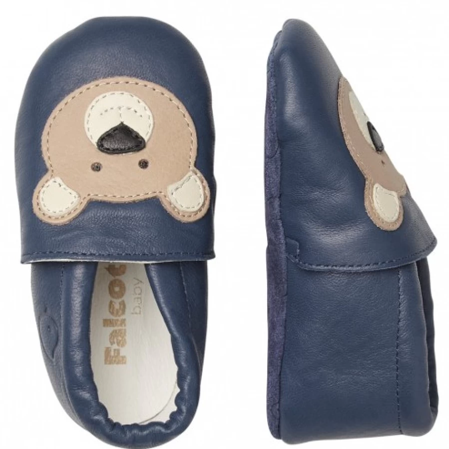 FALCOTTO Bitty Navy Crib Shoes for Babies with Adorable Teddy Bear Patch - Soft Infant Booties