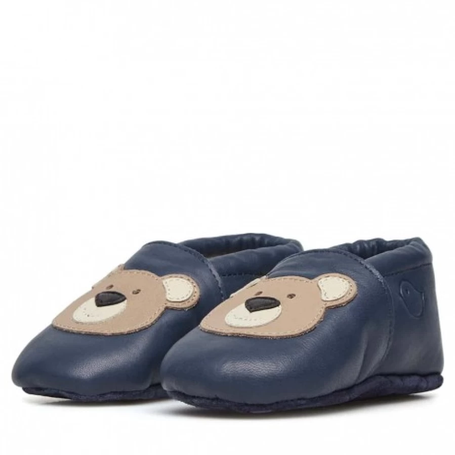 FALCOTTO Bitty Navy Crib Shoes for Babies with Adorable Teddy Bear Patch - Soft Infant Booties
