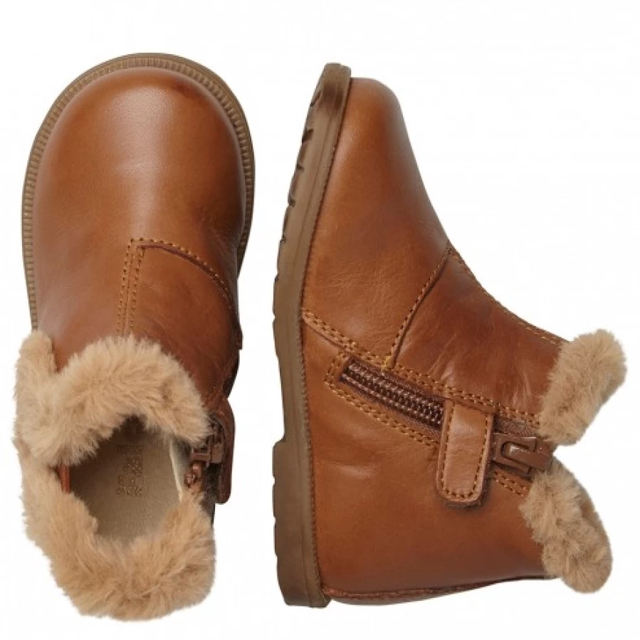 FALCOTTO Women's Cognac Leather Ankle Boots with Fur Detailing - Winter Warm Fashion Boots