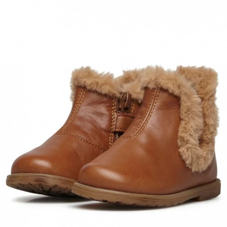 FALCOTTO Women's Cognac Leather Ankle Boots with Fur Detailing - Winter Warm Fashion Boots