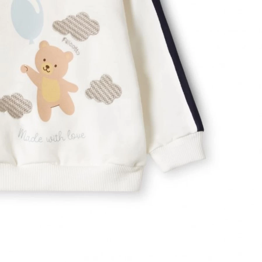 FALCOTTO Darby Teddy Bear Patch Sweatshirt for Kids - White, Cream & Navy Cotton Hoodie