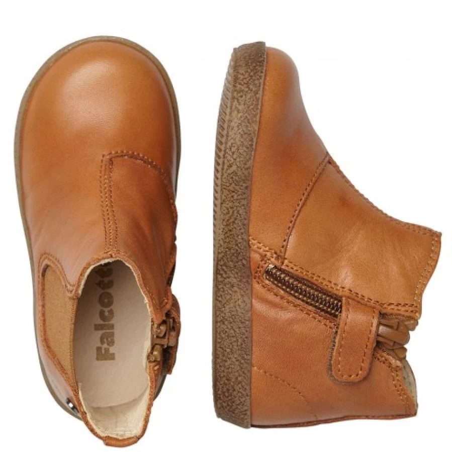 FALCOTTO Calvin Men's Cognac Leather Beatle Boots with Side Zip - Vintage Ankle Boots for Men