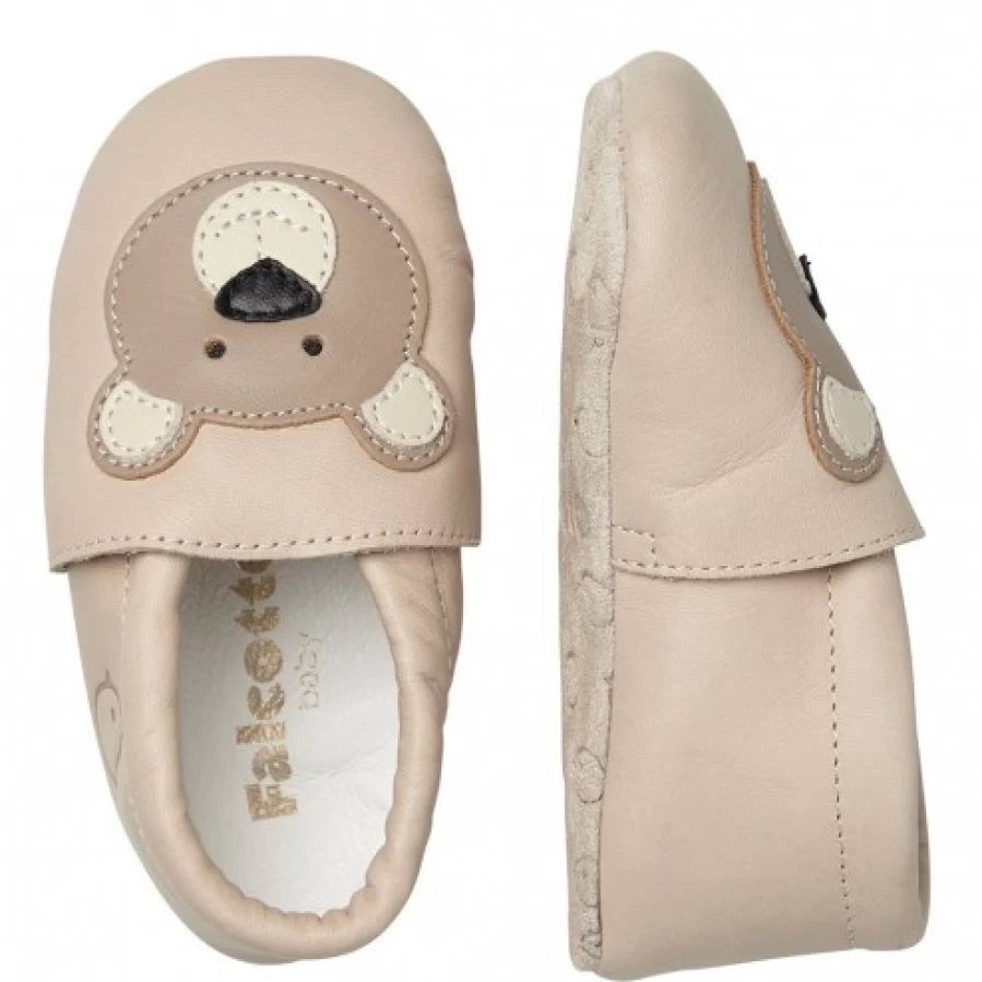 FALCOTTO Bitty Baby Crib Shoes with Soft Teddy Bear Patch - Beige Comfortable First Walkers for Newborns