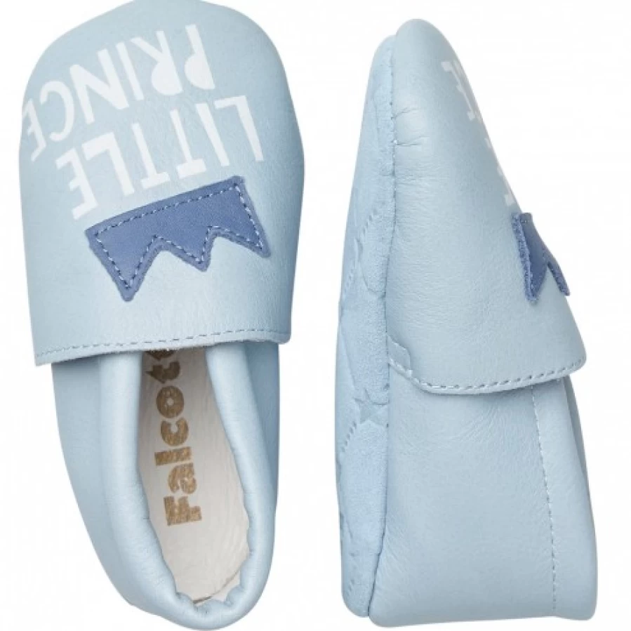 FALCOTTO Tater Baby Crib Shoes with Crown Patch - Soft Sky Blue Leather First Walkers for Newborns