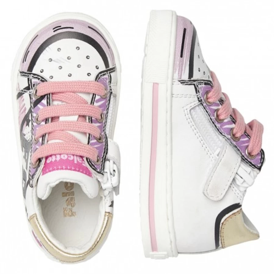 FALCOTTO Pink & White Leather Sneakers for Kids - Flurriny Zip Comfortable Casual Shoes