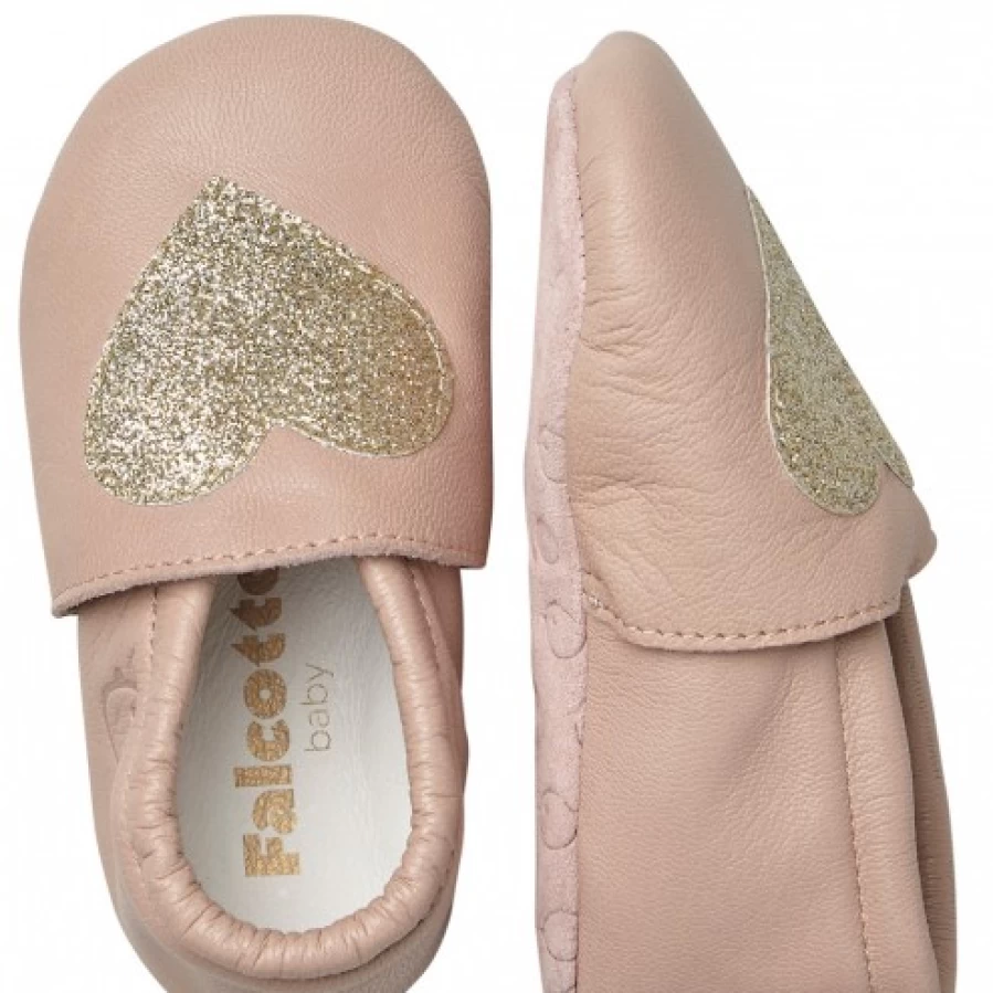 FALCOTTO Poppy Baby Crib Shoes with Glitter Heart Detail in Soft Pink - Premium Newborn First Walkers