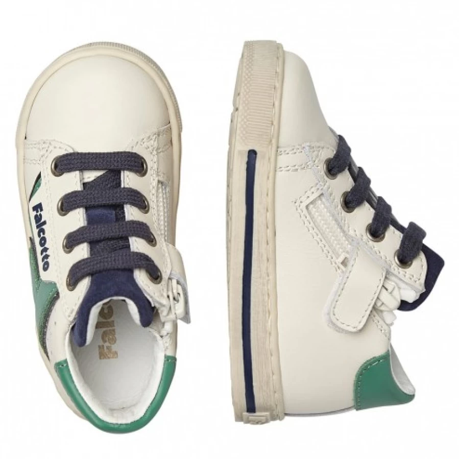 FALCOTTO Solsal Zip White Green Leather Sneakers for Kids - Comfortable Casual Shoes