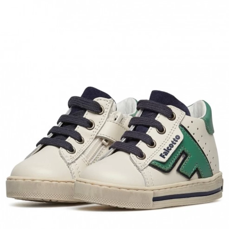 FALCOTTO Solsal Zip White Green Leather Sneakers for Kids - Comfortable Casual Shoes